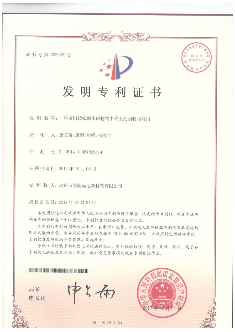 一种废旧钕铁硼永磁材料中稀土的回收与利用